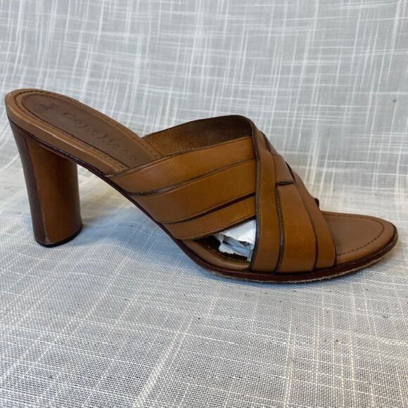 Cole Haan Country Caramel Brown Leather Block Criss Cross Heels Sandals Size 8.5 - Picture 3 of 8